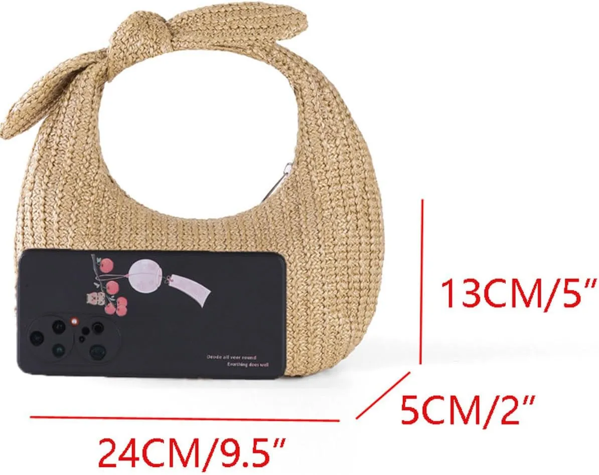 Summer Trendy Straw Purse Clutch for Women Bow Handbags Evening Party Dumpling Bags, Khaki