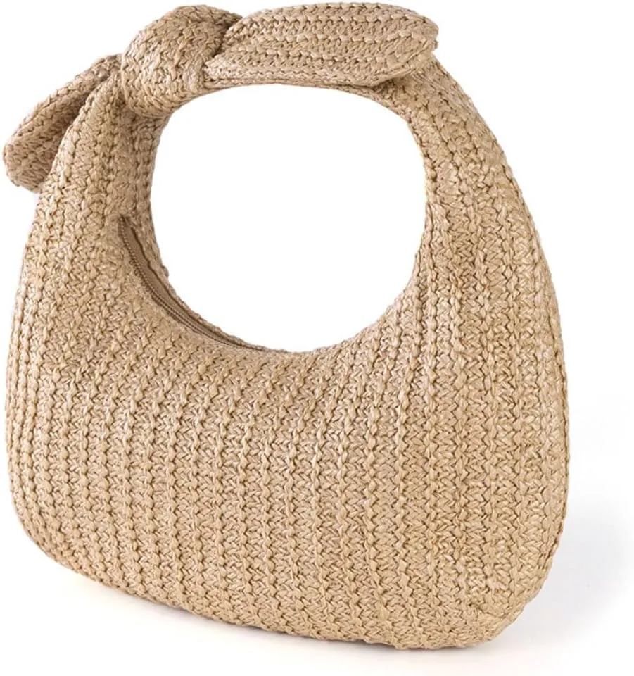 Summer Trendy Straw Purse Clutch for Women Bow Handbags Evening Party Dumpling Bags, Khaki