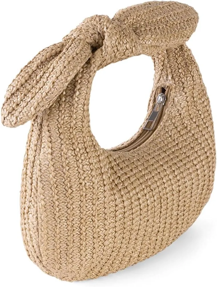 Summer Trendy Straw Purse Clutch for Women Bow Handbags Evening Party Dumpling Bags, Khaki
