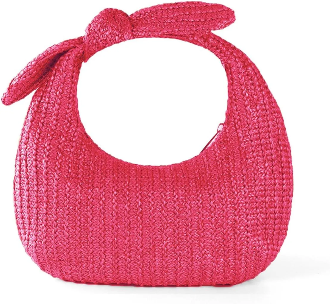 Summer Trendy Straw Purse Clutch for Women Bow Handbags Evening Party Dumpling Bags, Rose