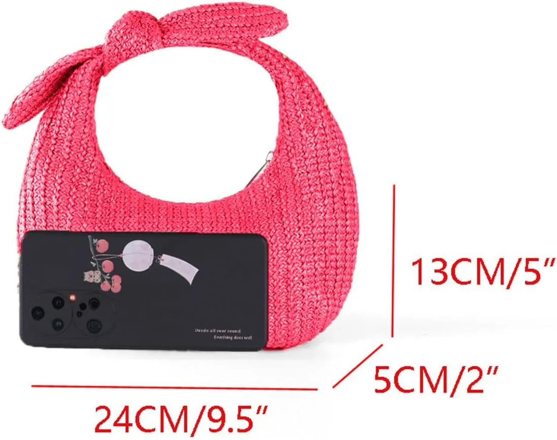 Summer Trendy Straw Purse Clutch for Women Bow Handbags Evening Party Dumpling Bags, Rose