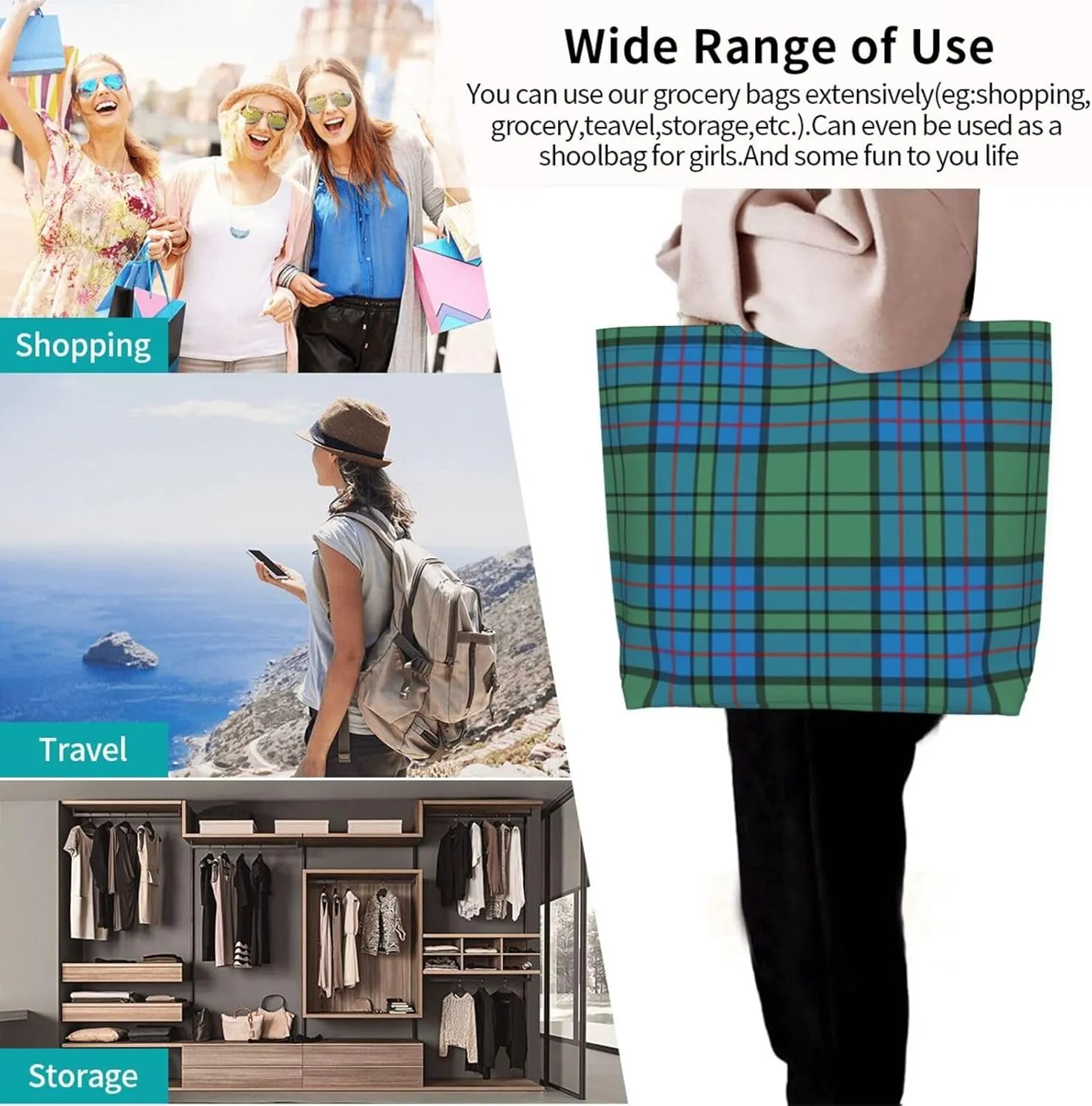 Tartan Tote Bag For Women Weekender Travel Bag Reusable Grocery Bags Large Totes Handbags
