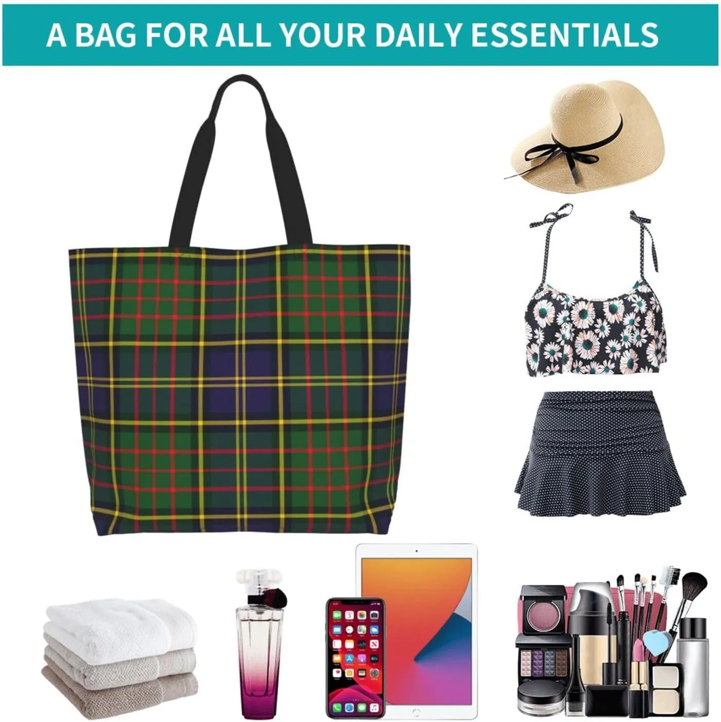 Tartan Tote Bag For Women Weekender Travel Bag Reusable Grocery Bags Large Totes Handbags
