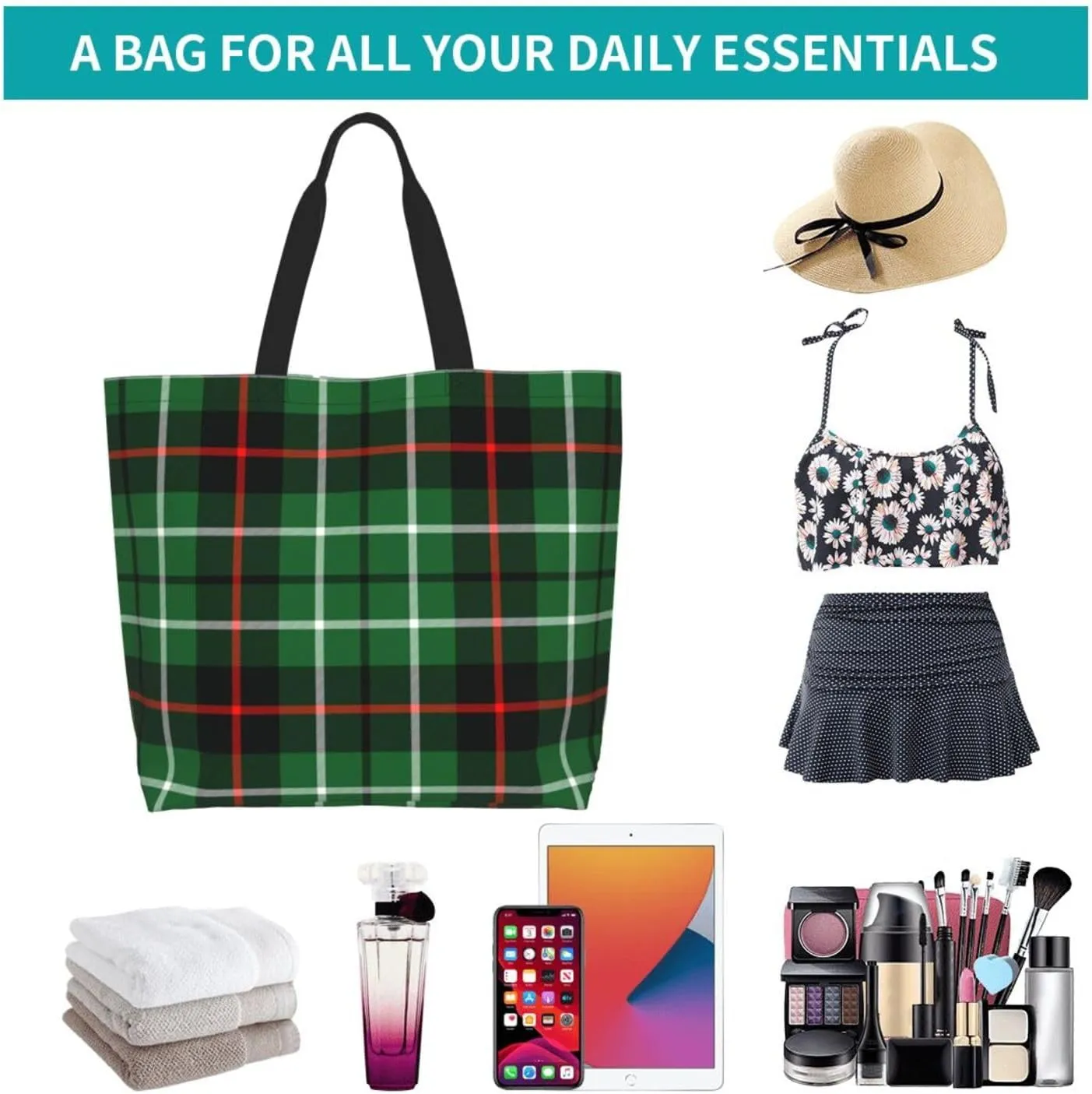 Tartan Tote Bag For Women Weekender Travel Bag Reusable Grocery Bags Large Totes Handbags