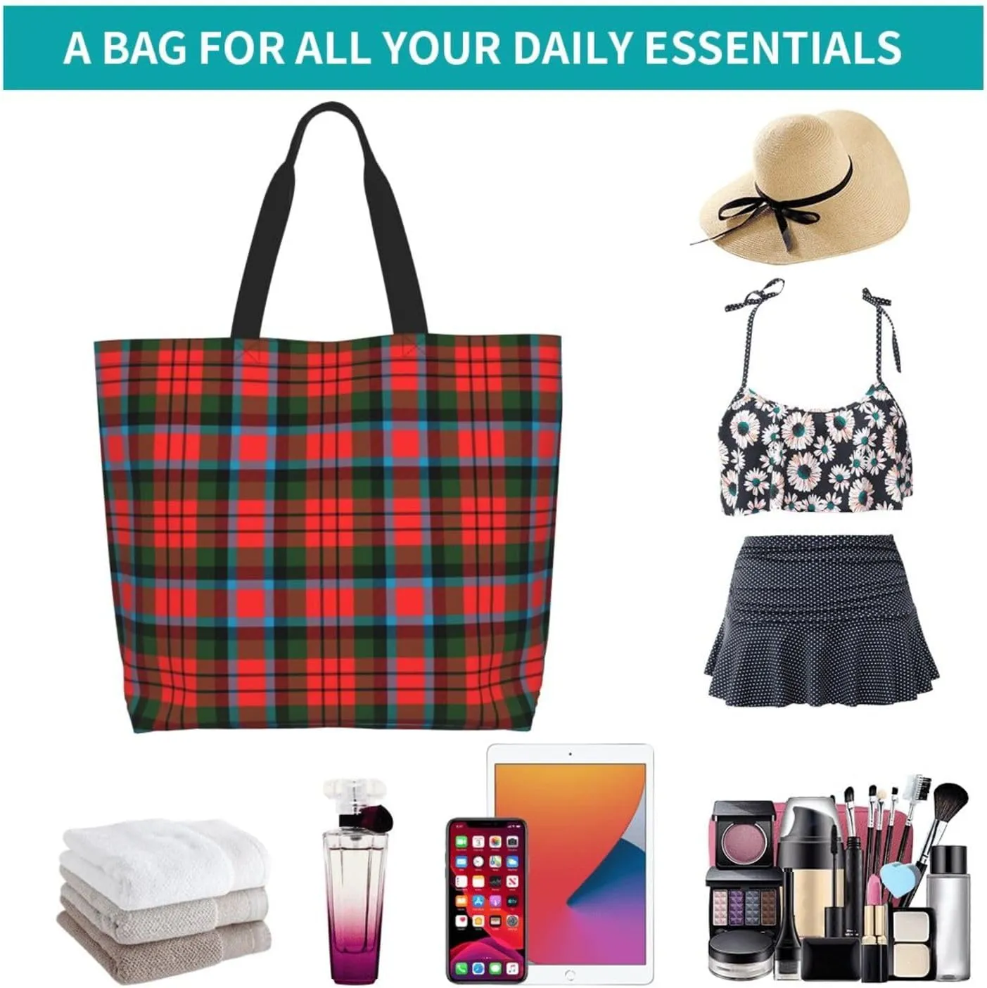 Tartan Tote Bag For Women Weekender Travel Bag Reusable Grocery Bags Large Totes Handbags