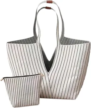 Trendy Tote Bag Women 2025 Retro Stripes Purses Large Shoulder Bags Top Handle Handbags Satchel with Wallet 2PCS