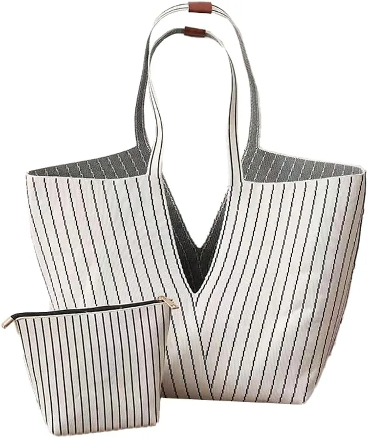 Trendy Tote Bag Women 2025 Retro Stripes Purses Large Shoulder Bags Top Handle Handbags Satchel with Wallet 2PCS