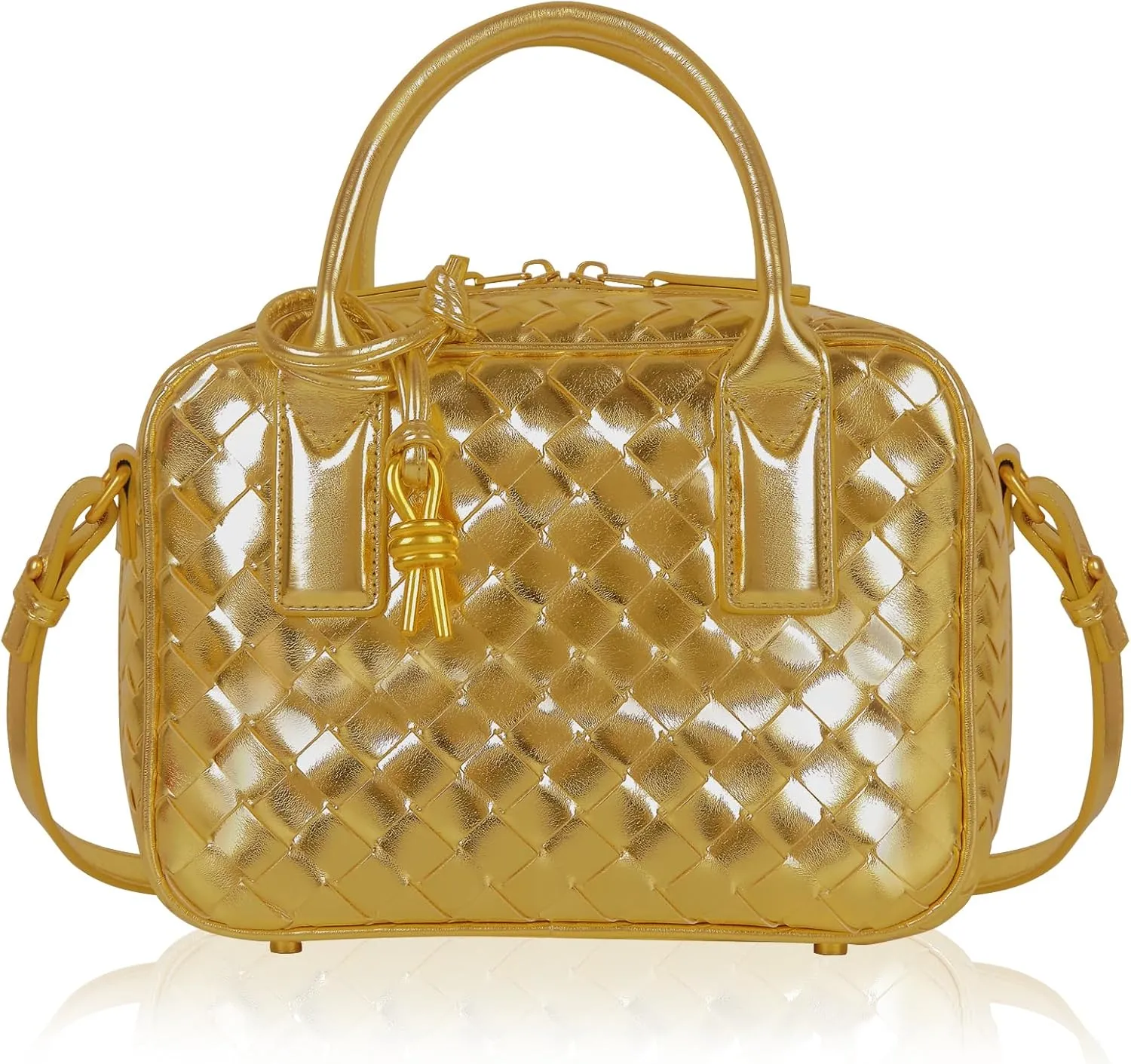 Trendy Woven Crossbody Bag for Women - Woven Top Handle Satchel Handbag - Weaved Hand Purse for Lady - Soft Vegan Leather(Gold)