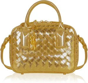 Trendy Woven Crossbody Bag for Women - Woven Top Handle Satchel Handbag - Weaved Hand Purse for Lady - Soft Vegan Leather(Gold)