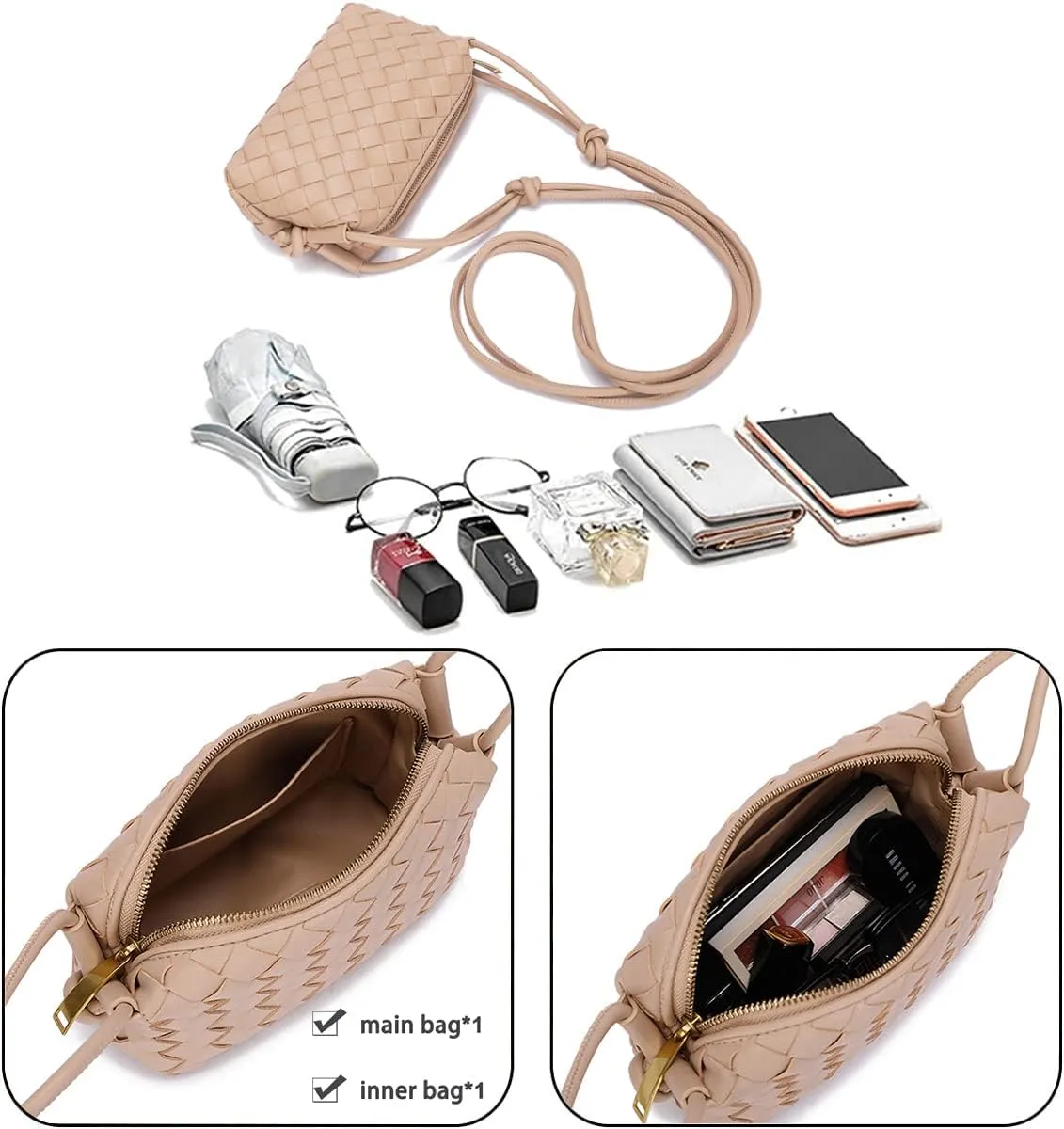 UPSONG Woven Crossbody Bags for WomenFashion Leather Lightweight Handbags Shoulder Bag Phone Purse Ladies Messenger Bag