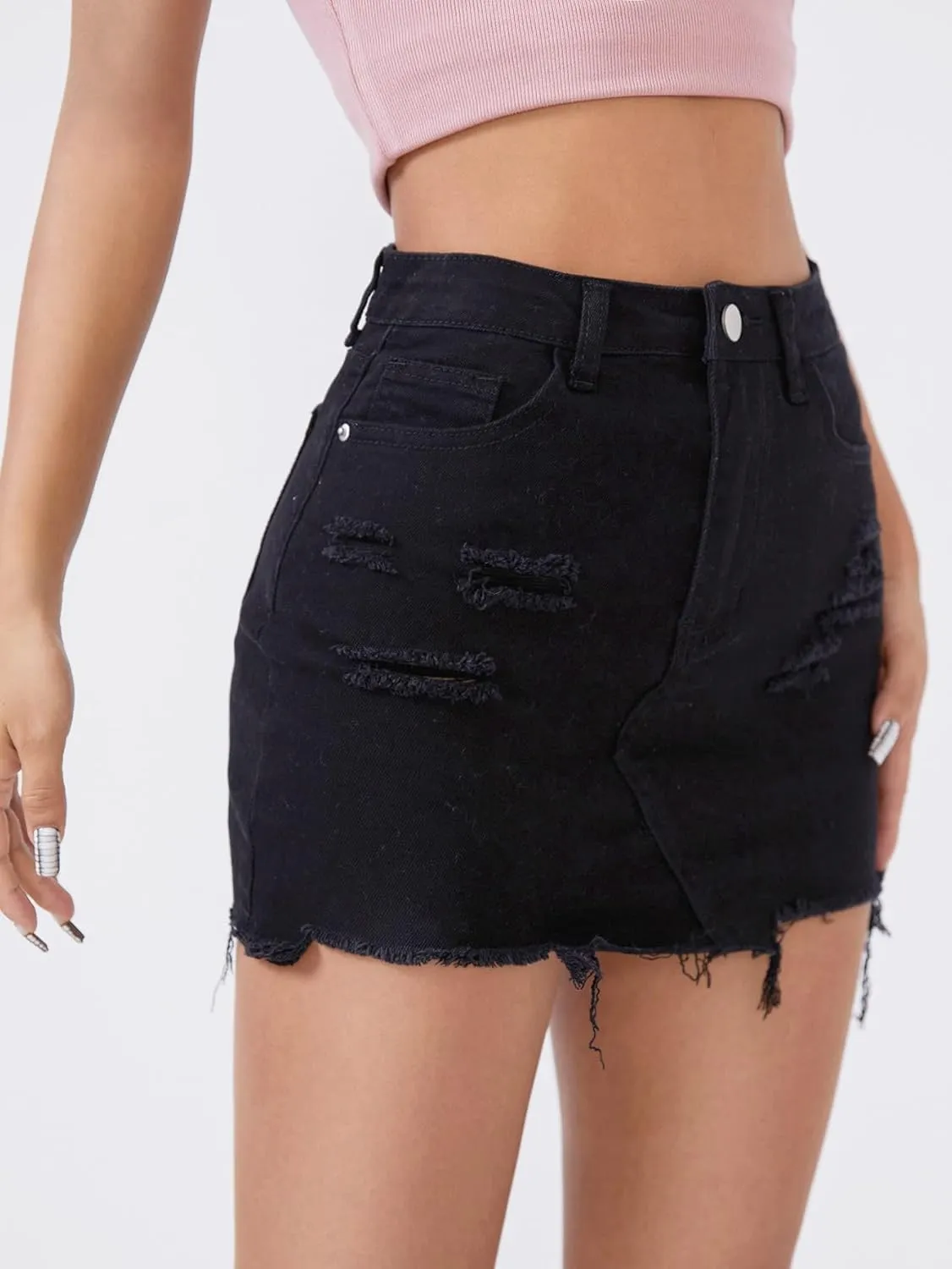 WDIRARA Women's Raw Trim Bodycon Denim Skirt Asymmetrical High Waisted Ripped Mini Jean Skirt with Pocket