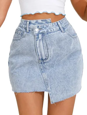 WDIRARA Women's Raw Trim Bodycon Denim Skirt Asymmetrical High Waisted Ripped Mini Jean Skirt with Pocket