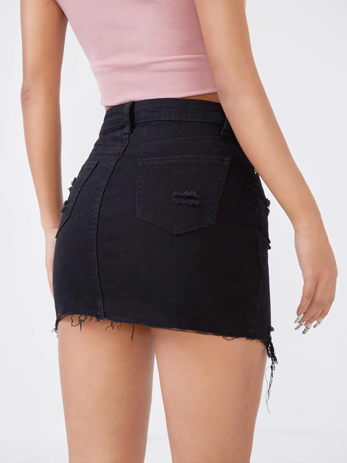 WDIRARA Women's Raw Trim Bodycon Denim Skirt Asymmetrical High Waisted Ripped Mini Jean Skirt with Pocket