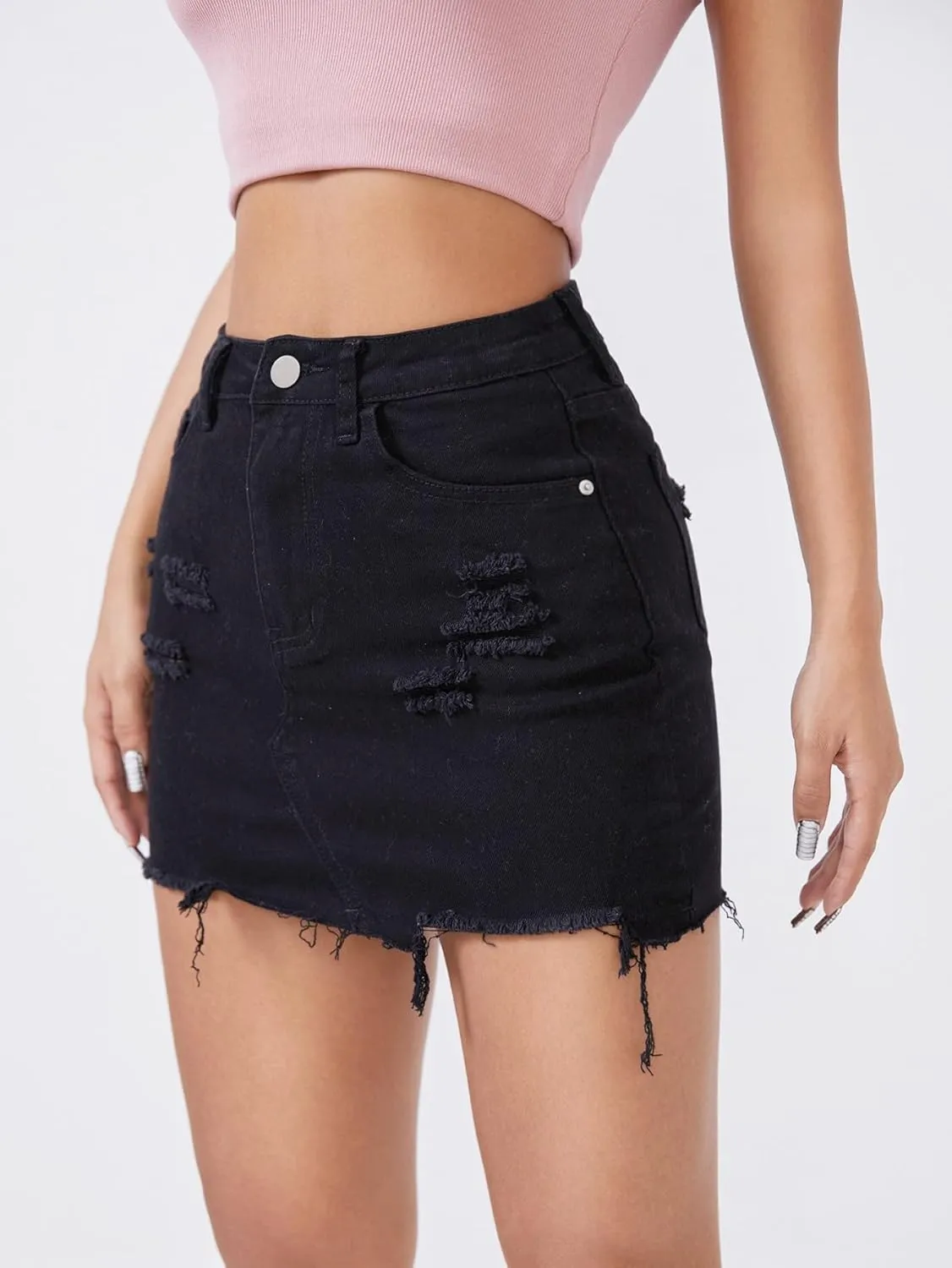 WDIRARA Women's Raw Trim Bodycon Denim Skirt Asymmetrical High Waisted Ripped Mini Jean Skirt with Pocket
