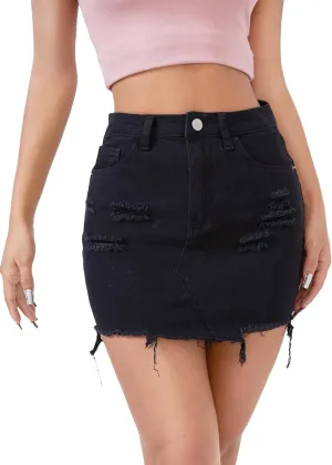 WDIRARA Women's Raw Trim Bodycon Denim Skirt Asymmetrical High Waisted Ripped Mini Jean Skirt with Pocket