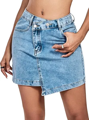 WDIRARA Women's Raw Trim Bodycon Denim Skirt Asymmetrical High Waisted Ripped Mini Jean Skirt with Pocket