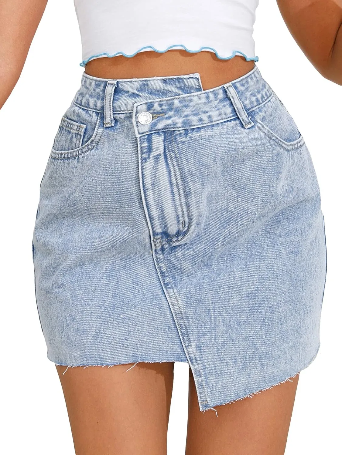 WDIRARA Women's Raw Trim Bodycon Denim Skirt Asymmetrical High Waisted Ripped Mini Jean Skirt with Pocket