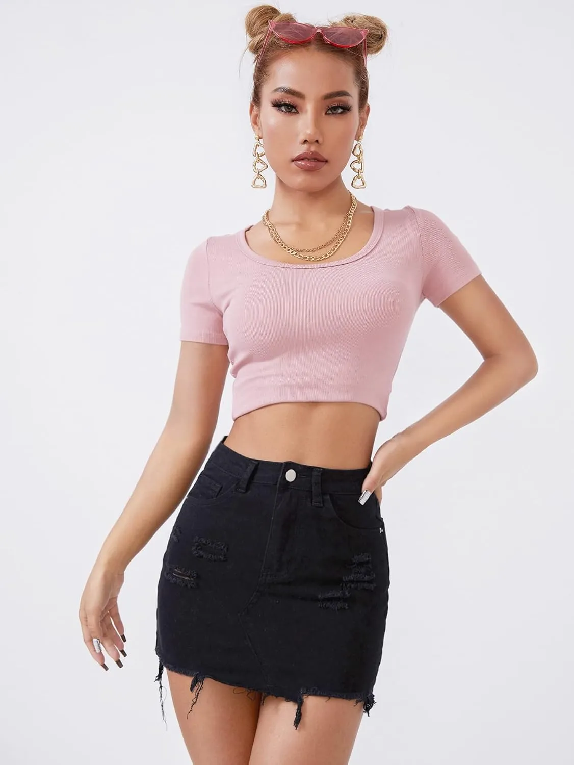 WDIRARA Women's Raw Trim Bodycon Denim Skirt Asymmetrical High Waisted Ripped Mini Jean Skirt with Pocket