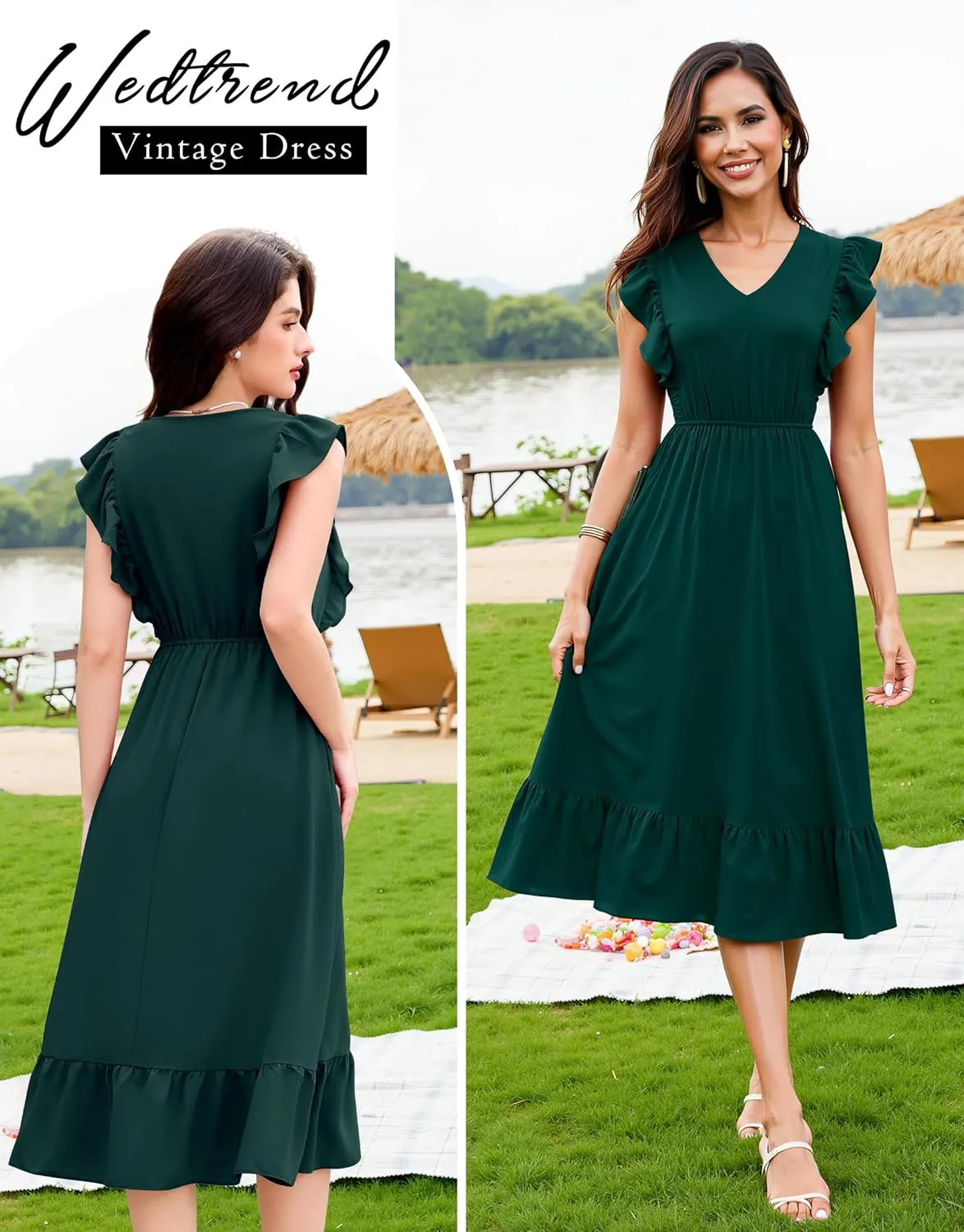 Wedtrend Women's Cocktail Dresses Ruffle Sleeve Vinatge 1940s Dresses Wedding Guest Dress Tiered Boho Dress