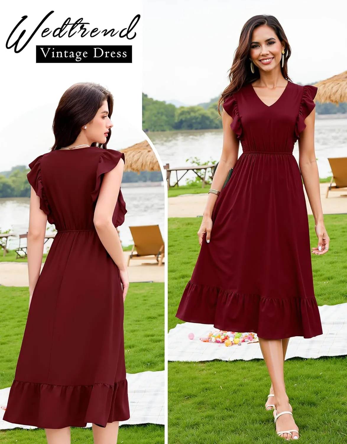 Wedtrend Women's Cocktail Dresses Ruffle Sleeve Vinatge 1940s Dresses Wedding Guest Dress Tiered Boho Dress
