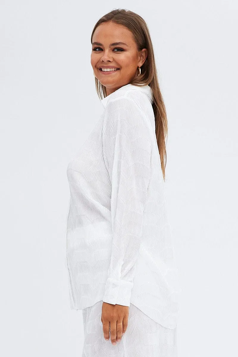 White Relaxed Shirts Long Sleeve Plisse