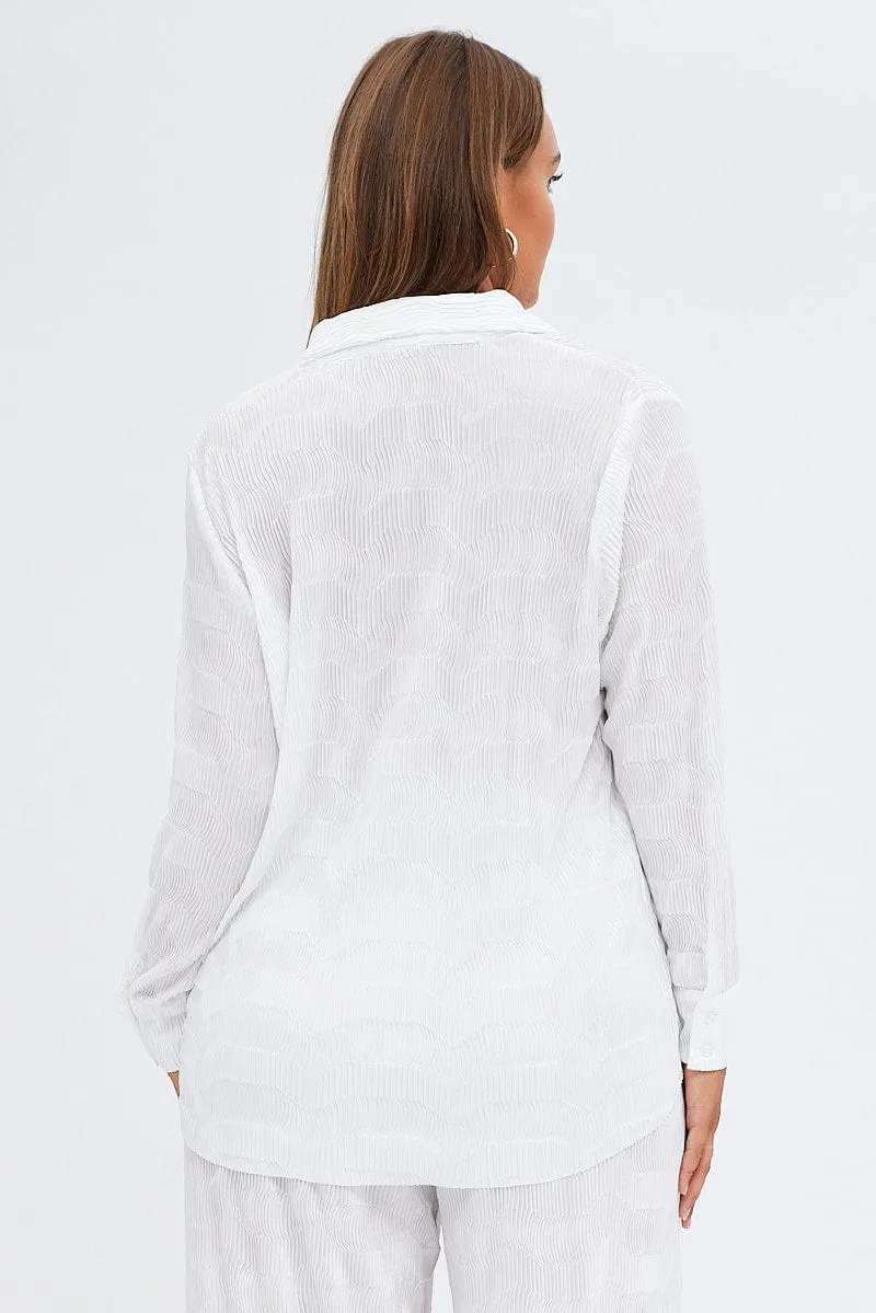White Relaxed Shirts Long Sleeve Plisse