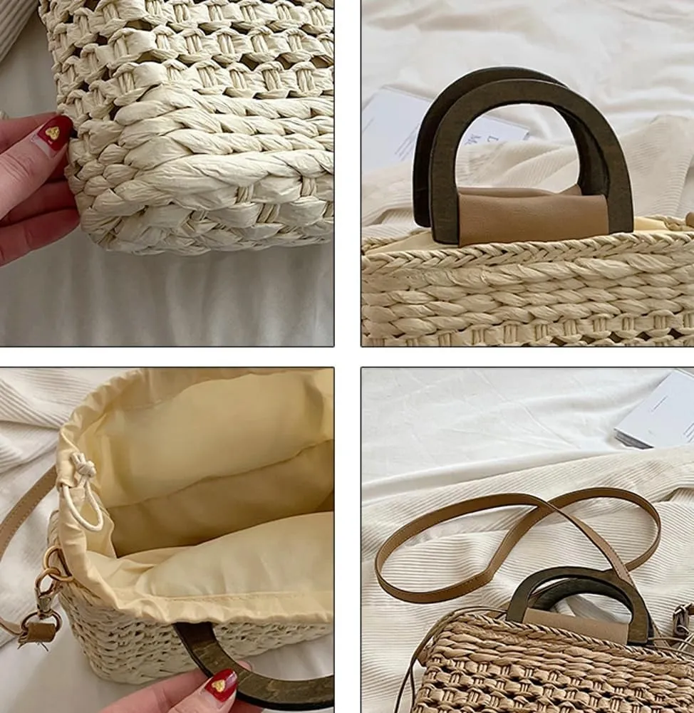 Women Straw Handbag Beach Bag Woven Rattan Crossbody Bags Handmade Leather Straps Satchel Clutch Purse Summer Vacation