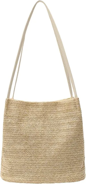 Women Stylish Straw Bucket Bag Summer Tote Handbag Elegant Beach Shoulder Bag Bow Pearl Decorations Daily Commuting