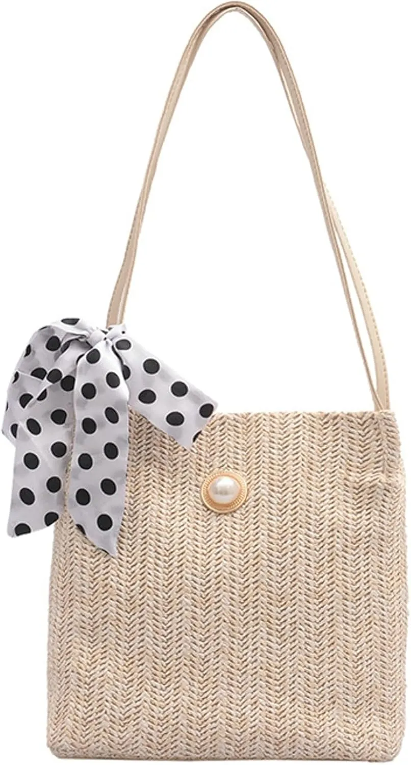 Women Stylish Straw Bucket Bag Summer Tote Handbag Elegant Beach Shoulder Bag Bow Pearl Decorations Daily Commuting