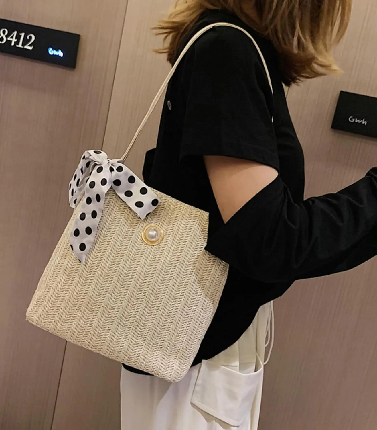 Women Stylish Straw Bucket Bag Summer Tote Handbag Elegant Beach Shoulder Bag Bow Pearl Decorations Daily Commuting