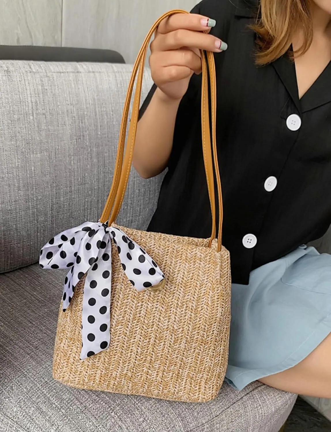 Women Stylish Straw Bucket Bag Summer Tote Handbag Elegant Beach Shoulder Bag Bow Pearl Decorations Daily Commuting