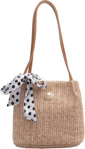 Women Stylish Straw Bucket Bag Summer Tote Handbag Elegant Beach Shoulder Bag Bow Pearl Decorations Daily Commuting