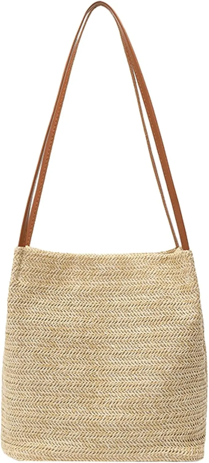 Women Stylish Straw Bucket Bag Summer Tote Handbag Elegant Beach Shoulder Bag Bow Pearl Decorations Daily Commuting