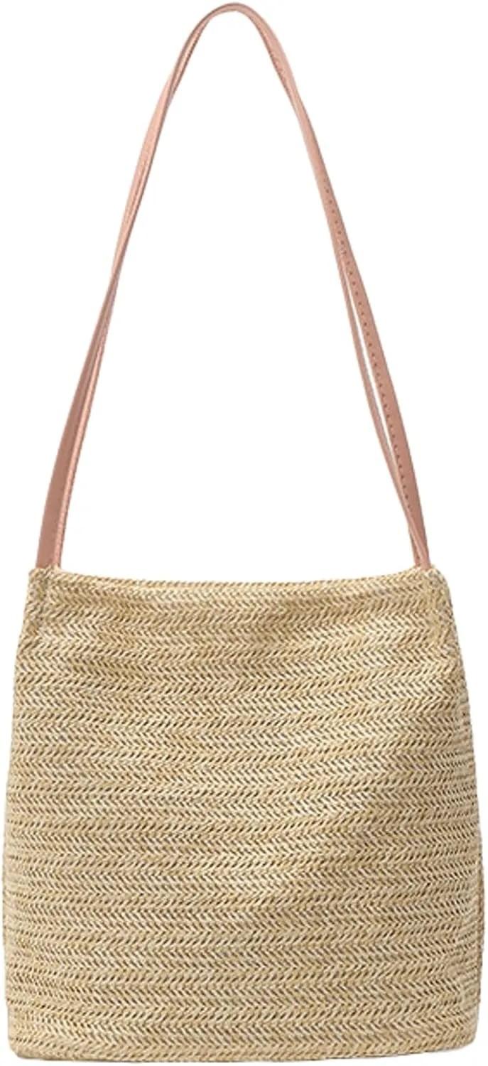 Women Stylish Straw Bucket Bag Summer Tote Handbag Elegant Beach Shoulder Bag Bow Pearl Decorations Daily Commuting
