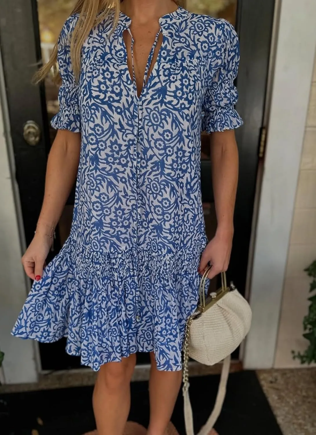 Women's Boho Floral V-Neck Ruffle Hem Mini Dress Summer Beach Wedding Guest Casual Outdoor Dress