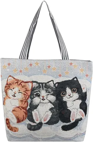 Women's Canvas Cat Print Shoulder Bag - Cat Graphic Hobo Crossbody Handbag