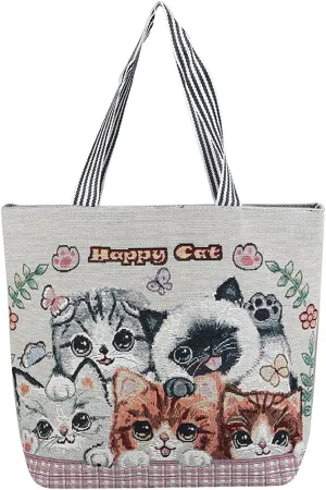 Women's Canvas Cat Print Shoulder Bag - Cat Graphic Hobo Crossbody Handbag