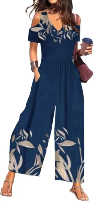 Women's Casual Loose Overalls Jumpsuits One Piece Plants V-Neck Short Sleeve Wide Leg Long Pant Rompers with Pockets