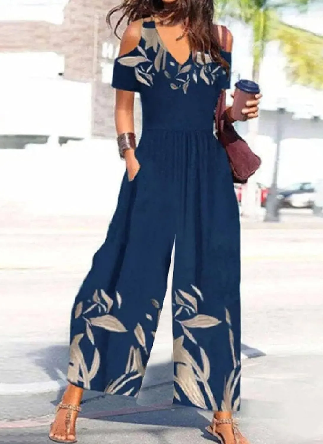 Women's Casual Loose Overalls Jumpsuits One Piece Plants V-Neck Short Sleeve Wide Leg Long Pant Rompers with Pockets