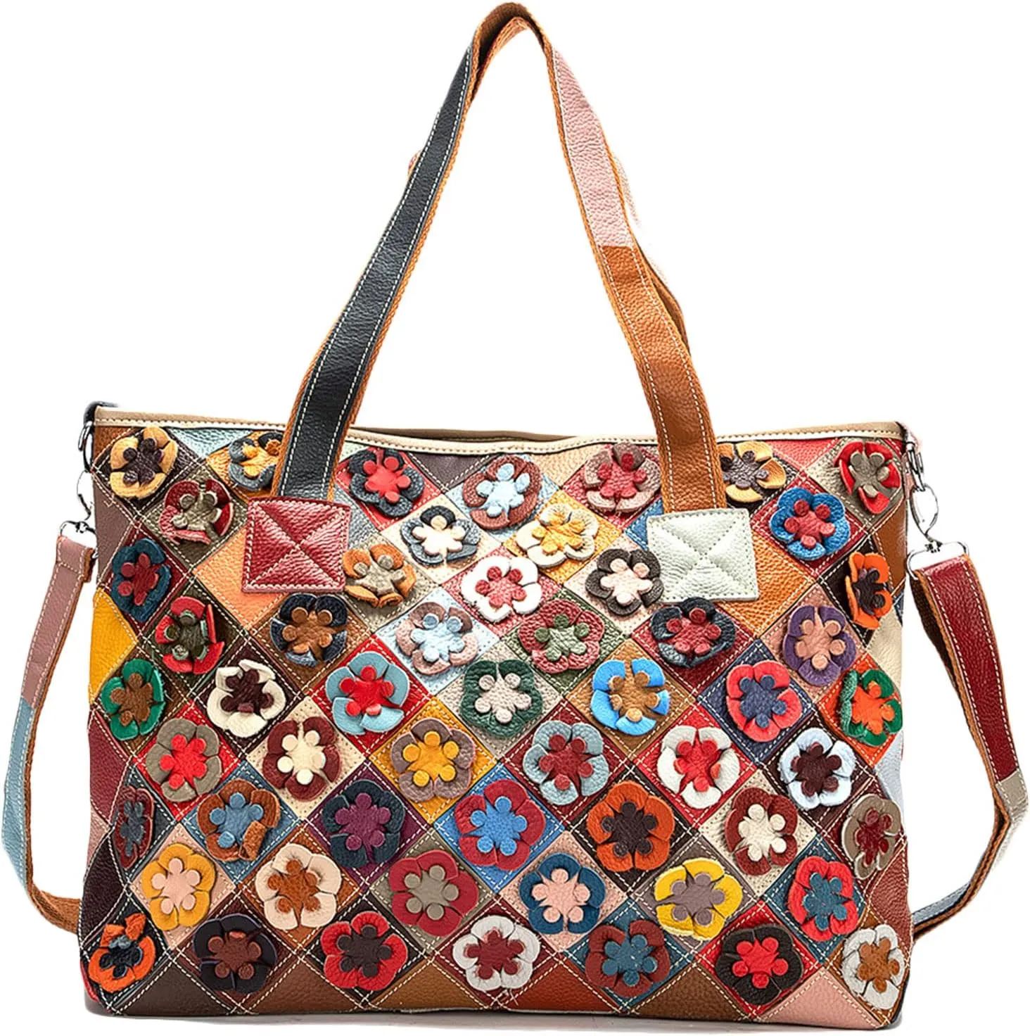 Women's Colorful Laptop Tote Bag Genuine Leather Hobo Handbag with Patchwork Design Ladies Large Shoulder Bags