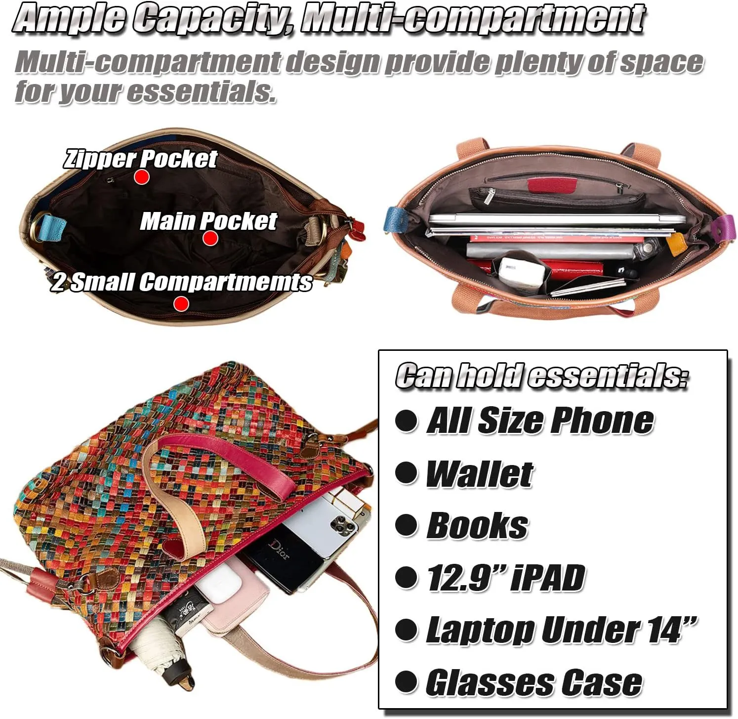 Women's Colorful Laptop Tote Bag Genuine Leather Hobo Handbag with Patchwork Design Ladies Large Shoulder Bags