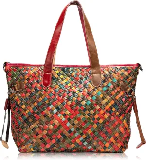 Women's Colorful Laptop Tote Bag Genuine Leather Hobo Handbag with Patchwork Design Ladies Large Shoulder Bags