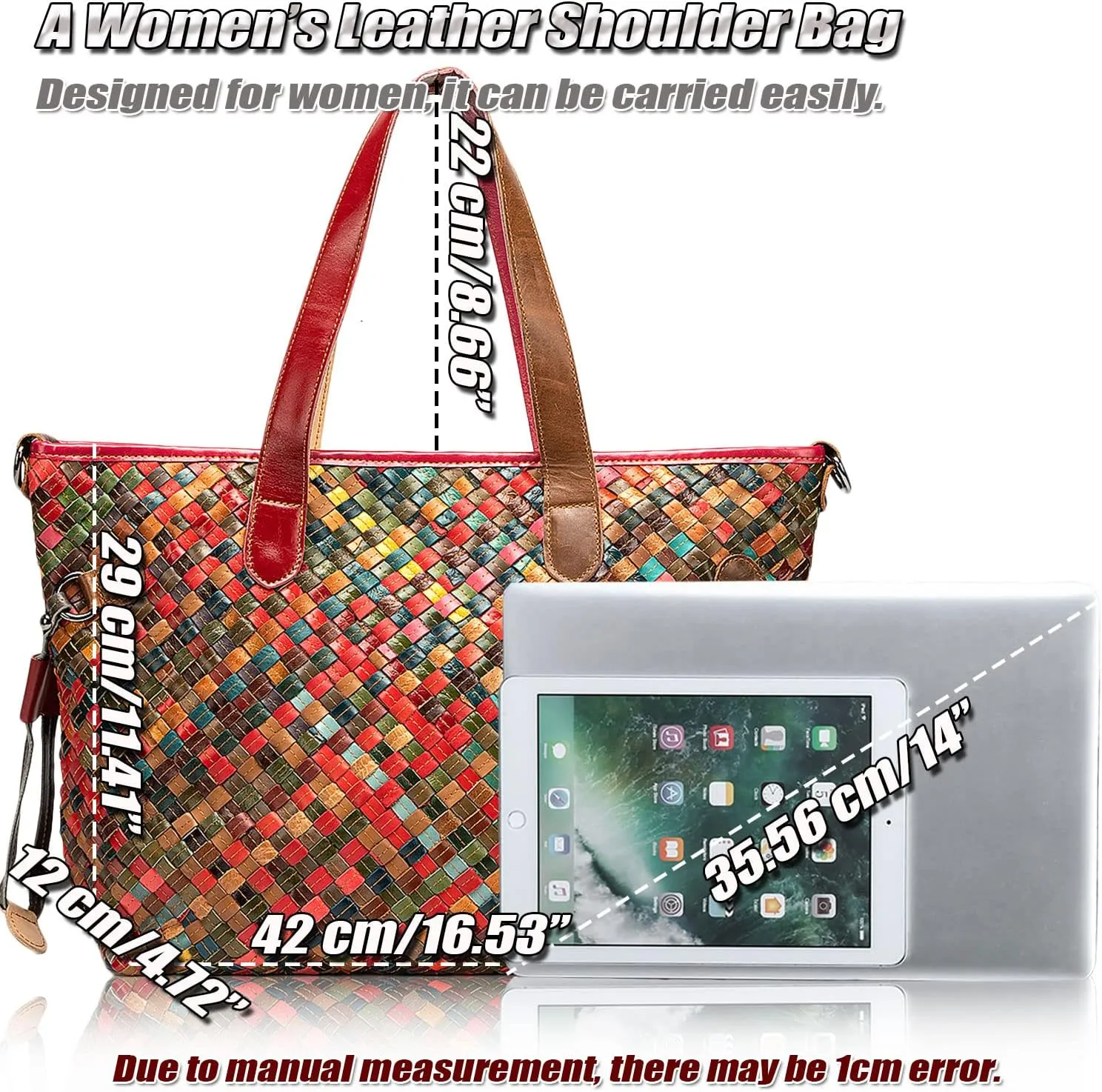 Women's Colorful Laptop Tote Bag Genuine Leather Hobo Handbag with Patchwork Design Ladies Large Shoulder Bags