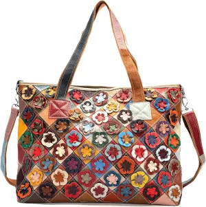 Women's Colorful Laptop Tote Bag Genuine Leather Hobo Handbag with Patchwork Design Ladies Large Shoulder Bags