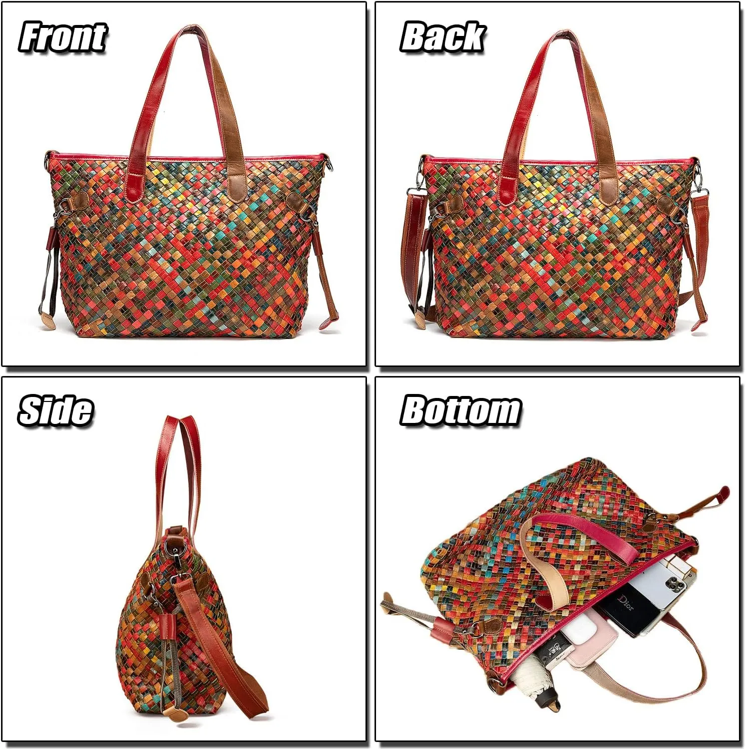 Women's Colorful Laptop Tote Bag Genuine Leather Hobo Handbag with Patchwork Design Ladies Large Shoulder Bags