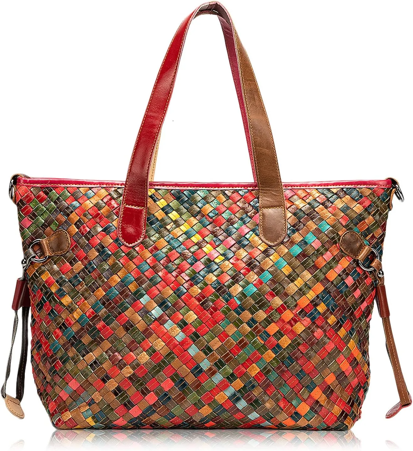 Women's Colorful Laptop Tote Bag Genuine Leather Hobo Handbag with Patchwork Design Ladies Large Shoulder Bags