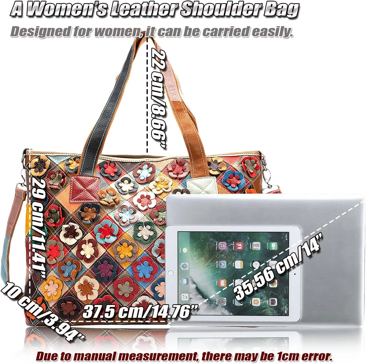 Women's Colorful Laptop Tote Bag Genuine Leather Hobo Handbag with Patchwork Design Ladies Large Shoulder Bags