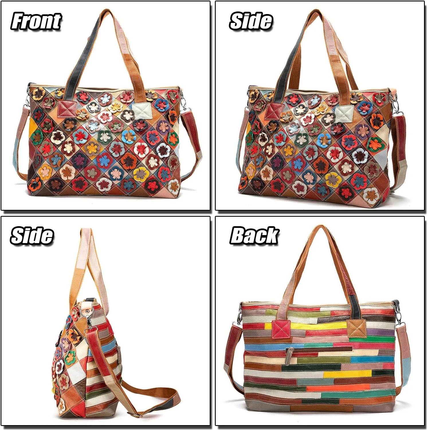 Women's Colorful Laptop Tote Bag Genuine Leather Hobo Handbag with Patchwork Design Ladies Large Shoulder Bags