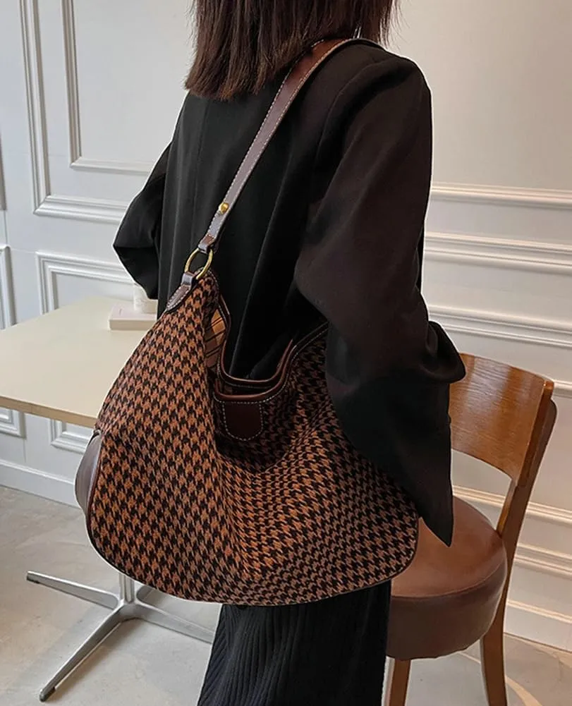 Women's Knitted Shoulder Crossbody Bag Fashion Checkered Handbag Large Totes Casual Work Top Handle Purse