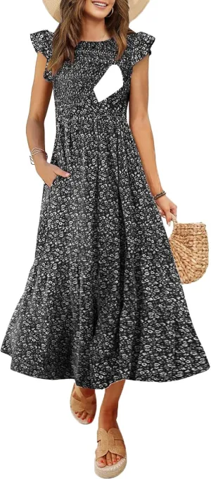 Women's Nursing Dress Flutter Short Sleeve Crew Neck Smocked Elastic Waist Tiered Midi with Pockets